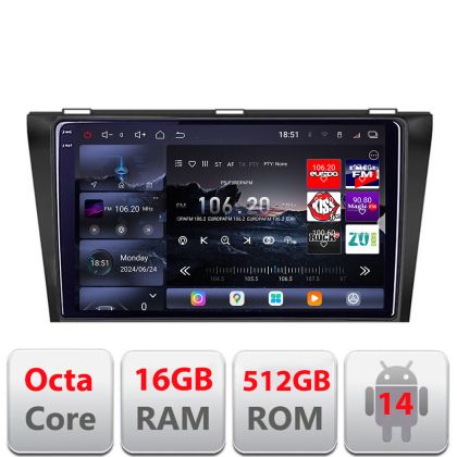 Navigáció Mazda 3 2004-2009 Edotec Kit-161 8 magos QLED 2K 12+256GB 360 Android Waze USB Internet Navigáció Youtube Rádió