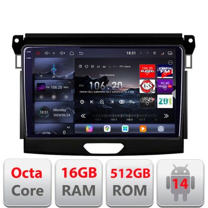 Navigatie Ford Ranger 2016+ Edotec Kit-574 8 core QLED 2K 16+512GB 360 Android Waze USB Navigatie Internet Youtube Radio