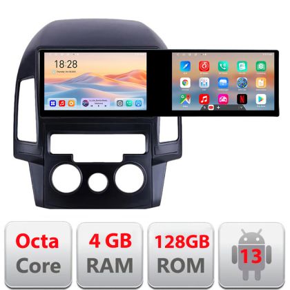 Navigáció Hyundai I30 2009-2012 manuális klíma Kit-i30ac Edotec 2 képernyő 8 magos 4+128 21.6 hüvelykes Incell Android Wifi 5Ghz gps internet és GPS WIF