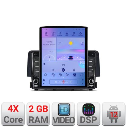 Honda Civic 2016-2020 K-669 TESLA típusú navigáció 9.7"-os képernyővel, Android Rádióval, Bluetooth Internettel, GPS-szel, WIFI-vel, 2+32 DSP Quad