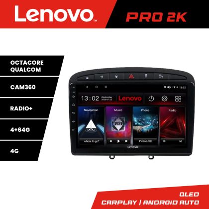 Navigáció Peugeot 308 Lenovo Kit-038 8 magos QLED 2K 4+64 360 Android Waze USB Internet Navigáció Youtube Rádió