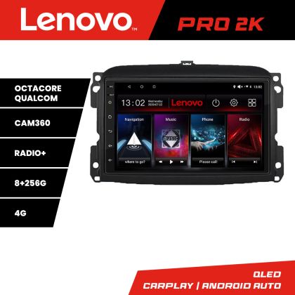 Navigáció Fiat 500 2015-2021 Lenovo Kit-500new 8 magos QLED 2K 8+256 360 Android Waze USB Internet Navigáció Youtube Rádió