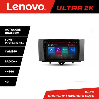 Navigáció Smart For Two 2010-2015 Lenovo Kit-Smart10 8 magos QLED Qualcomm 4+64 360 Android Waze USB Internet Navigáció Youtube Rádió