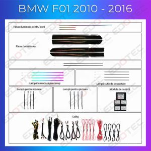 Dedikált hangulatvilágítás BMW 7-es sorozat F01 F02 2010 - 2016 modellekhez, dedikált kiegészítőkkel, telefonról vagy gyári rendszerről vezérelhető