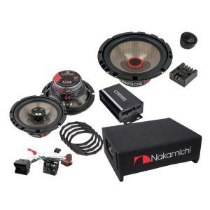 Pachet difuzoare  Carbon 4 usi  + amplificator CO-40.4M + Subwoofer facedown Nakamichi, inele si cablaje plug&play pe masina